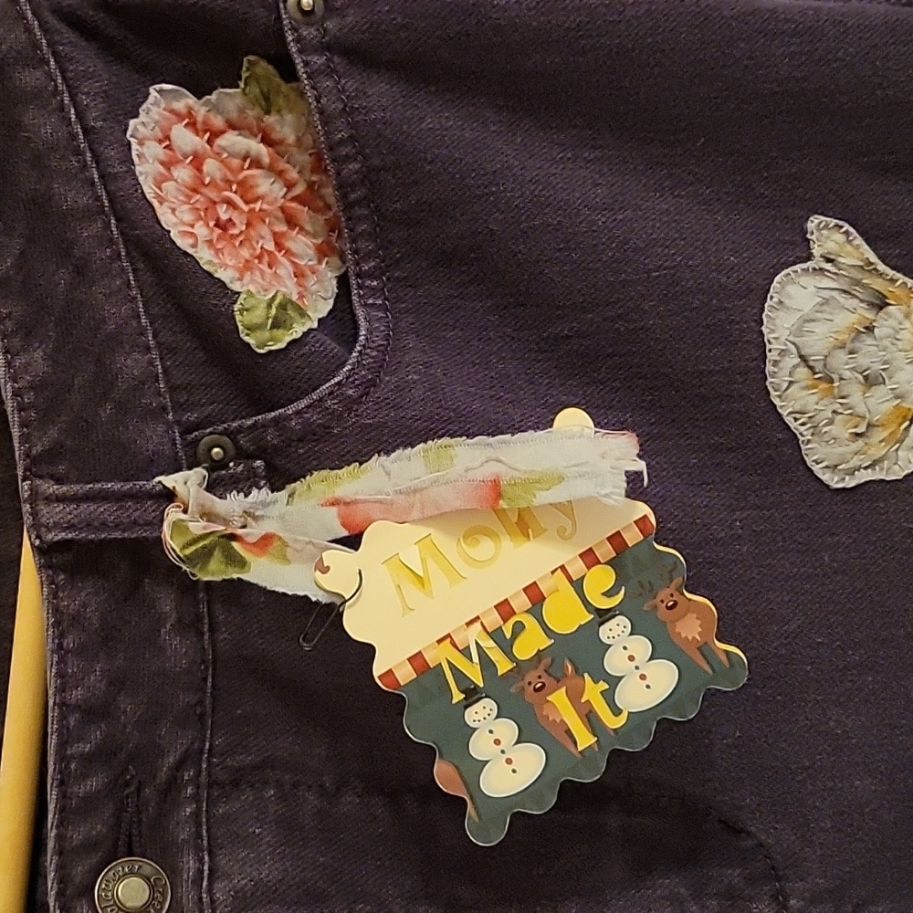 HAND CRAFTED Jeans UPCYCLED Purple Denim Embroidery Floral Applique Size 12 - Picture 5 of 17